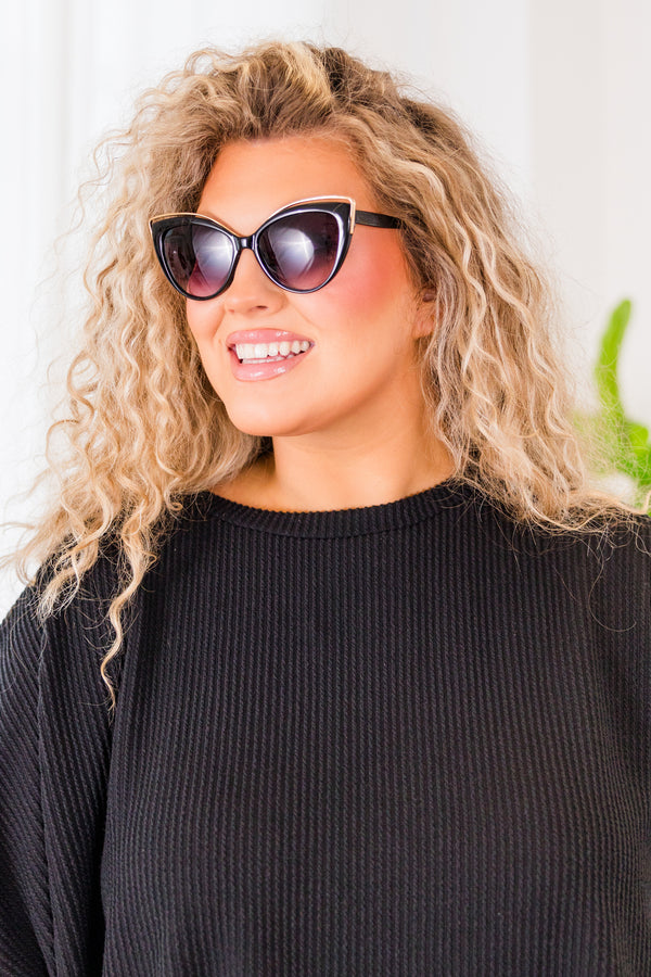 Chic Soul plus size clothing, black cat eye shaped sunglasses with gold detailing