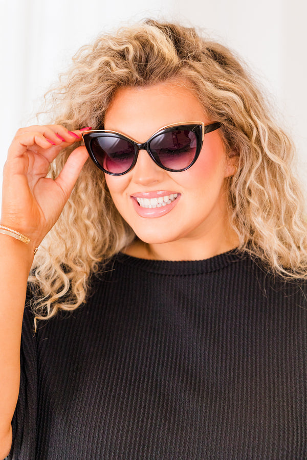Chic Soul plus size clothing, black cat eye shaped sunglasses with gold detailing