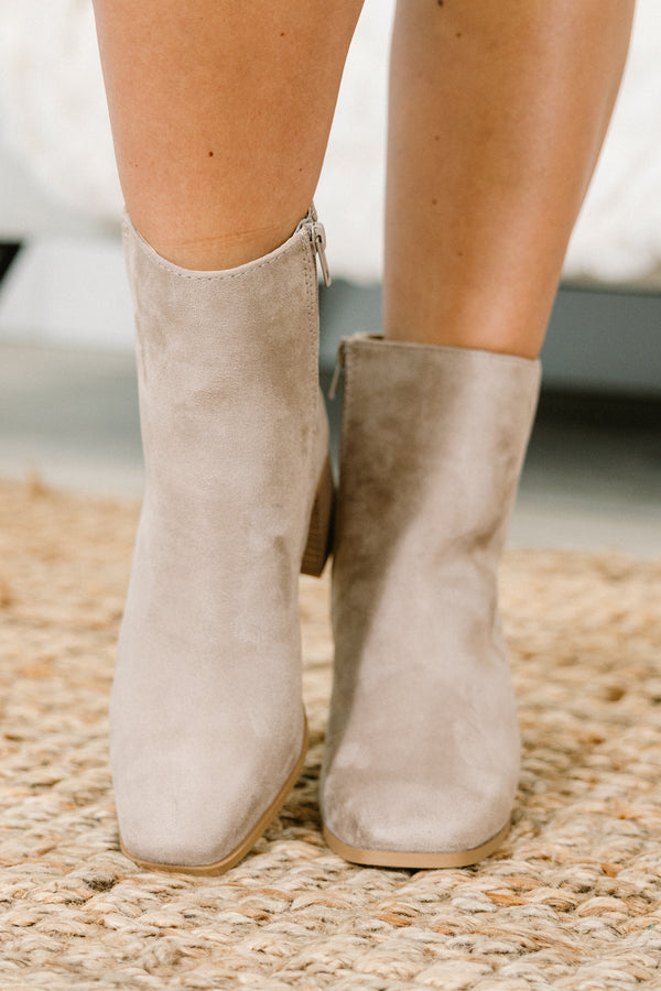 Chic Soul plus size clothing, taupe suede round toe ankle booties with wood block heel 