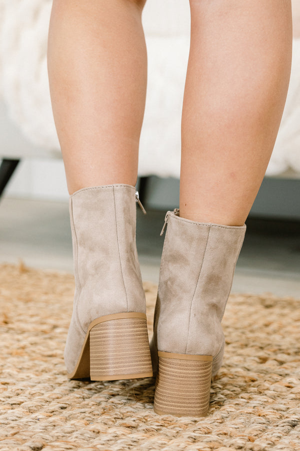 Chic Soul plus size clothing, taupe suede round toe ankle booties with wood block heel 
