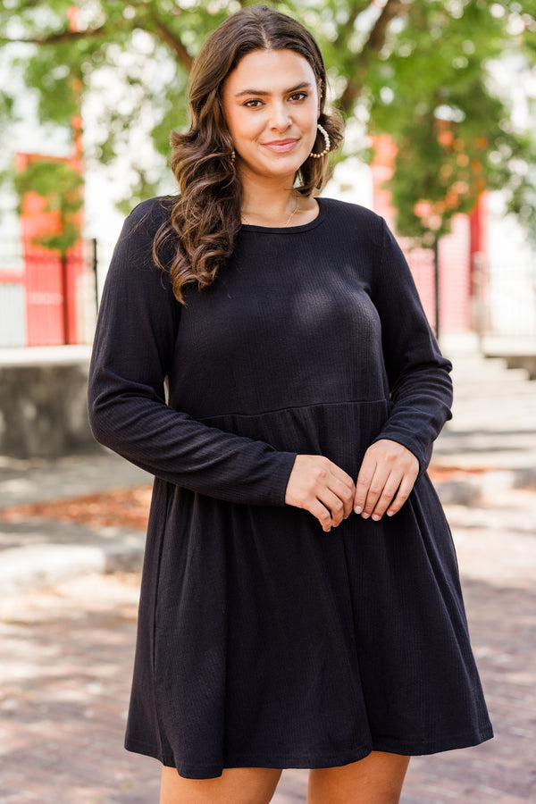 Chic Soul plus size clothing, black long sleeve mini dress with babydoll detail with round neckline