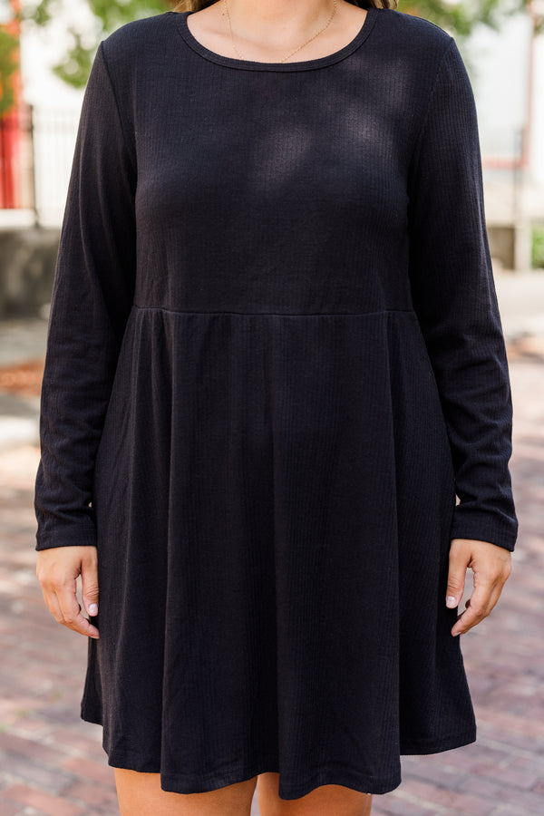 Chic Soul plus size clothing, black long sleeve mini dress with babydoll detail with round neckline