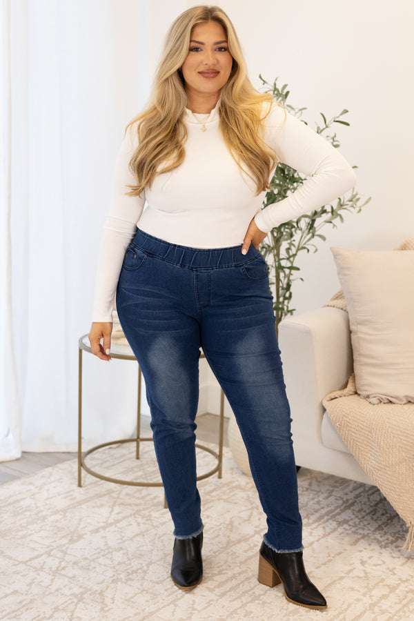 Chic Soul plus size clothing, blue mid wash jeggings with stretchy waistband pockets and raw hem