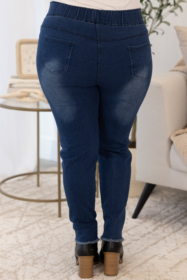 Chic Soul plus size clothing, blue mid wash jeggings with stretchy waistband pockets and raw hem