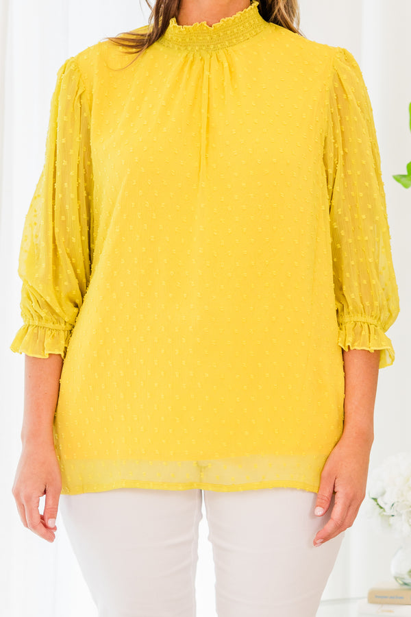 Chic Soul plus size clothing, quarter sleeve mustard yellow blouse with smocked high-neckline and spotted material