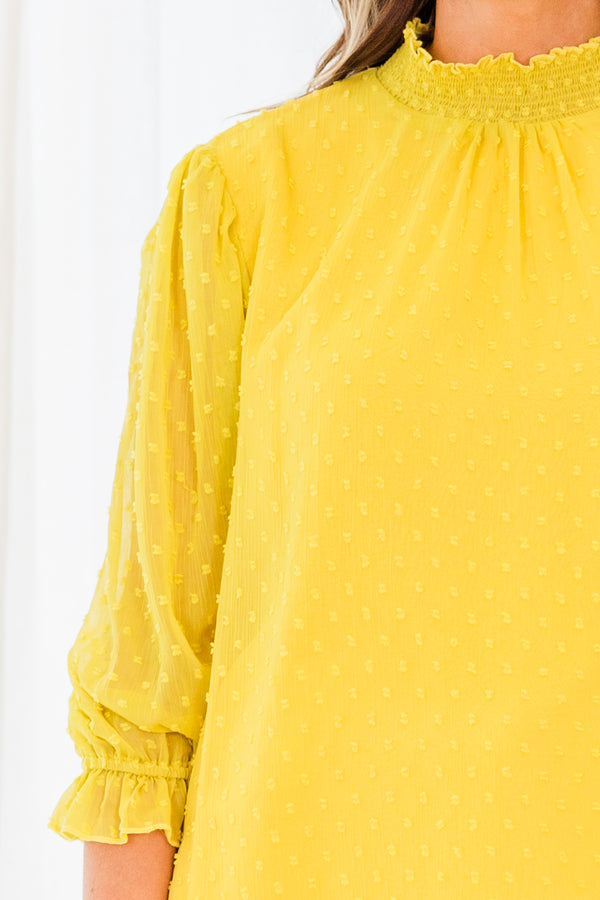 Chic Soul plus size clothing, quarter sleeve mustard yellow blouse with smocked high-neckline and spotted material