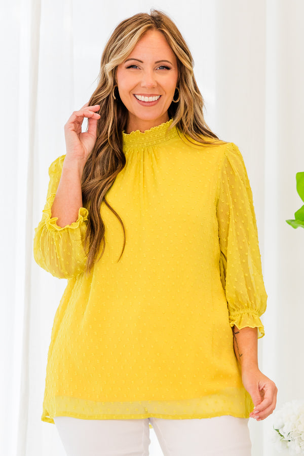 Chic Soul plus size clothing, quarter sleeve mustard yellow blouse with smocked high-neckline and spotted material