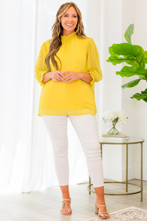 Chic Soul plus size clothing, quarter sleeve mustard yellow blouse with smocked high-neckline and spotted material