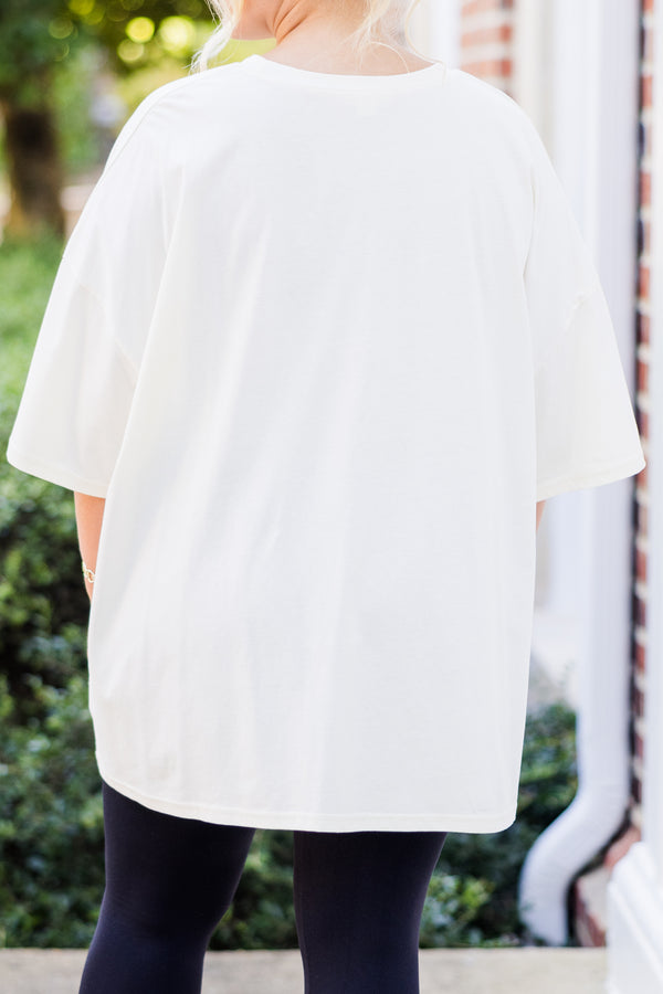 Chic Soul plus size clothing, short-sleeve ivory boyfriend tee with graphic white and black checkered lettering stating 
