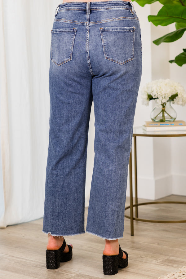 Chic Soul plus size clothing, medium wash straight leg denim jeans with raw hem