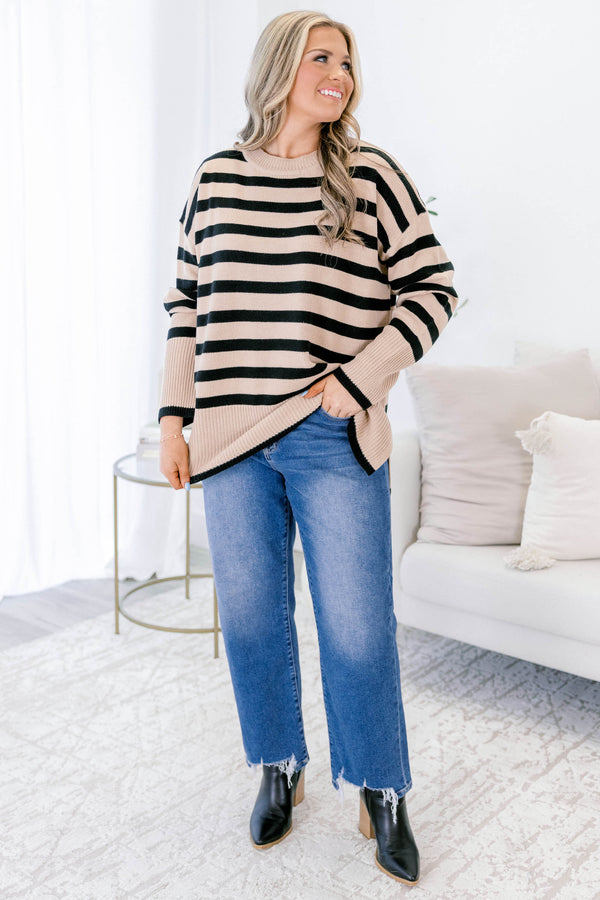 Chic Soul plus size clothing, black and tan horizontal striped long sleeve sweater 