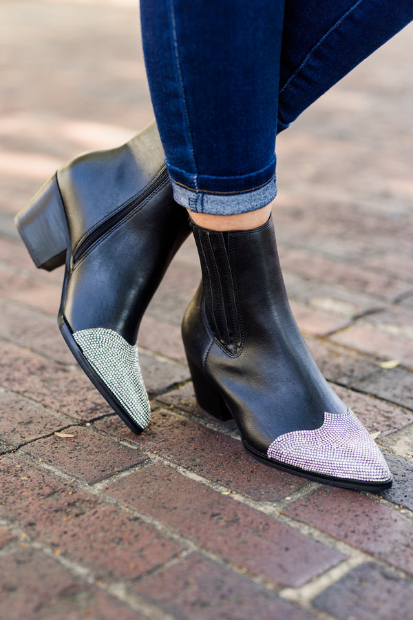 Chic Soul plus size clothing, black short booties with black wood heel with rhinestone toe detail