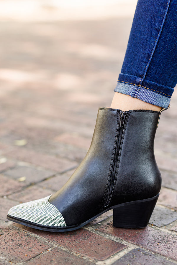 Chic Soul plus size clothing, black short booties with black wood heel with rhinestone toe detail