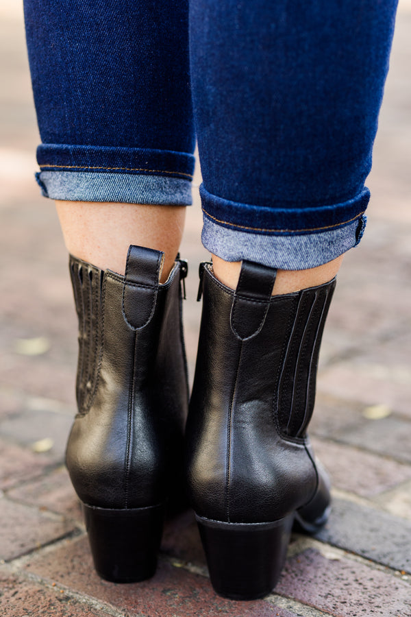 Chic Soul plus size clothing, black short booties with black wood heel with rhinestone toe detail