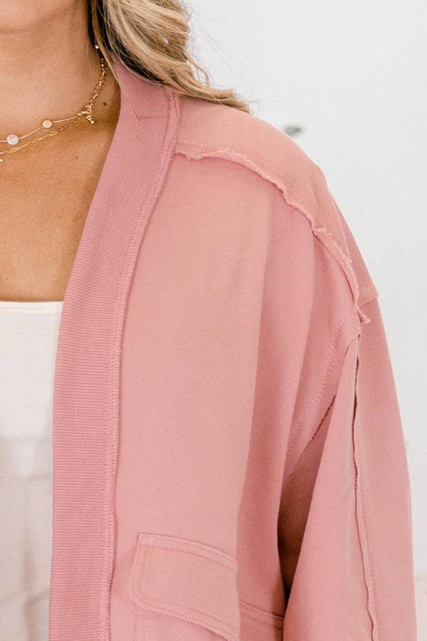 Chic Soul plus size clothing, dusty pink sweatshirt cardigan with exterior stitching detailing
