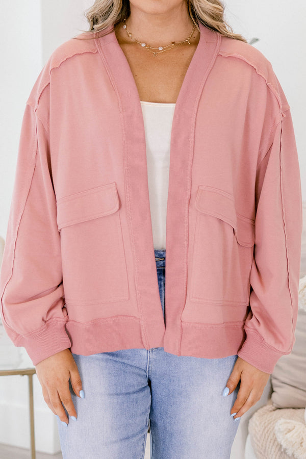 Chic Soul plus size clothing, dusty pink sweatshirt cardigan with exterior stitching detailing