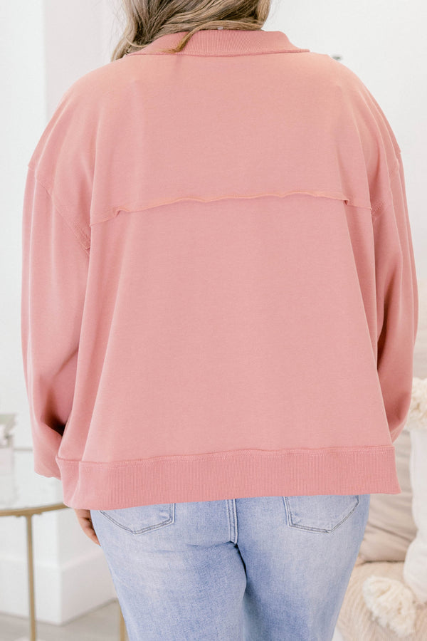 Chic Soul plus size clothing, dusty pink sweatshirt cardigan with exterior stitching detailing