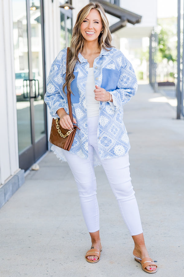 Chic Soul plus size clothing, white-blue long sleeve denim jacket with bandana print and button up detail with collar and chest pockets
