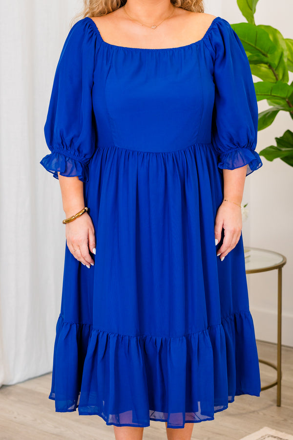Chic Soul plus size clothing, royal blue short sleeve midi dress with puff sleeves and tiered detail