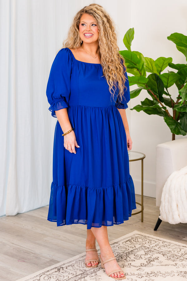 Chic Soul plus size clothing, royal blue short sleeve midi dress with puff sleeves and tiered detail