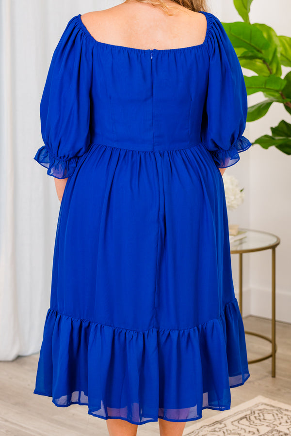 Chic Soul plus size clothing, royal blue short sleeve midi dress with puff sleeves and tiered detail