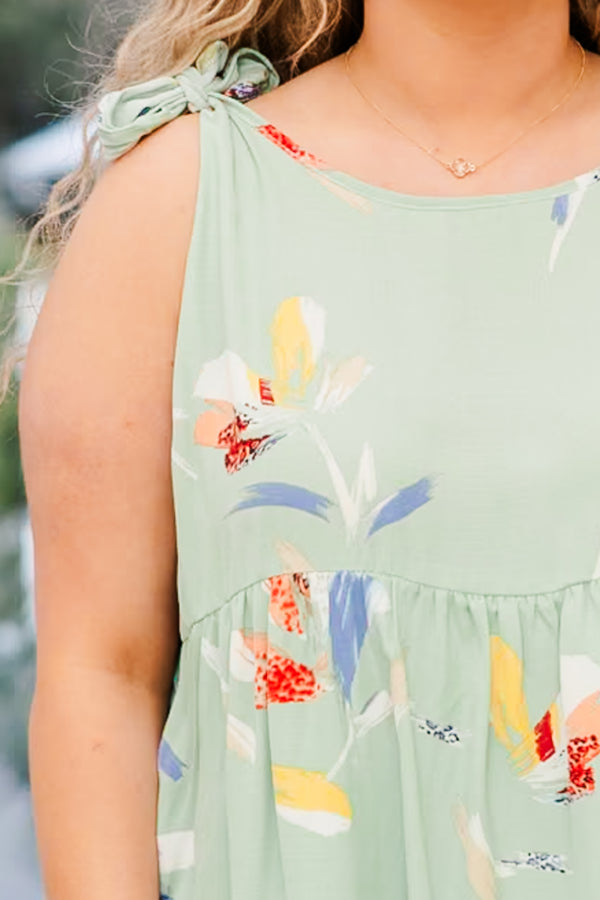 Chic Soul plus size clothing, sage sleeveless mini dress with abstract multi print