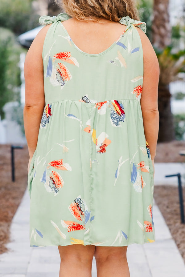 Chic Soul plus size clothing, sage sleeveless mini dress with abstract multi print