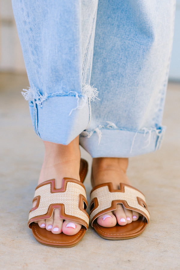 Chic soul plus size clothing,  two-toned brown leather slide on sandals 