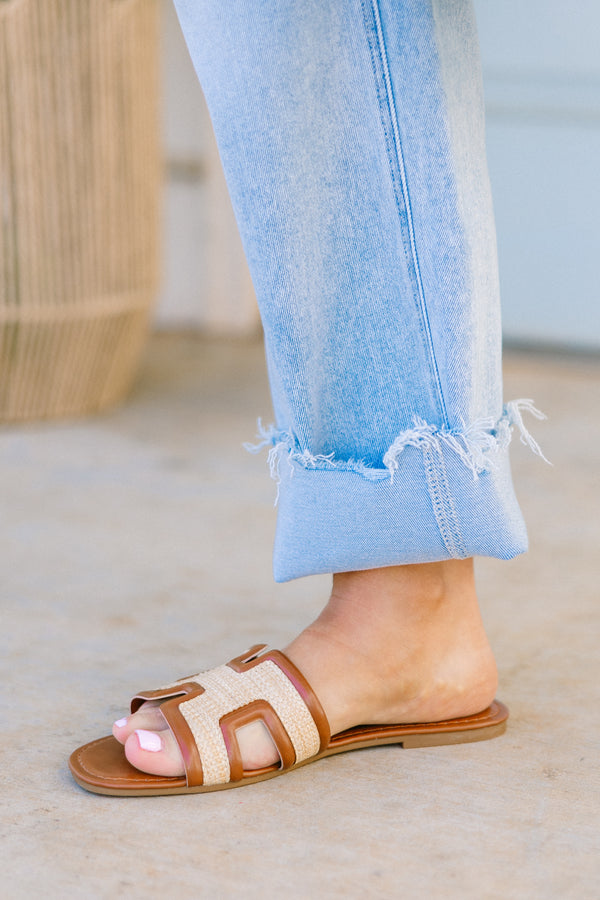 Chic soul plus size clothing,  two-toned brown leather slide on sandals 