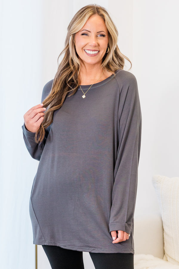 Plus Size charcoal grey fleece-lined dolman tunic with a relaxed fit, long sleeves, and round neck.
