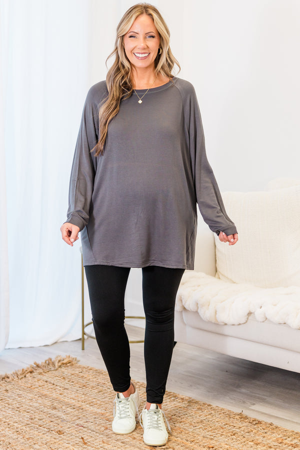 Plus Size charcoal grey fleece-lined dolman tunic with a relaxed fit, long sleeves, and round neck.