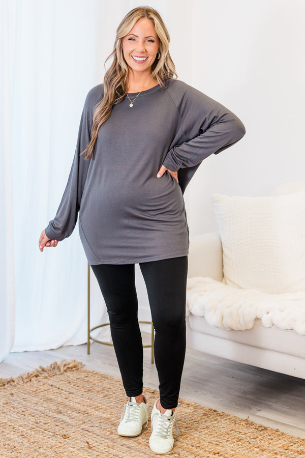 Plus Size charcoal grey fleece-lined dolman tunic with a relaxed fit, long sleeves, and round neck.