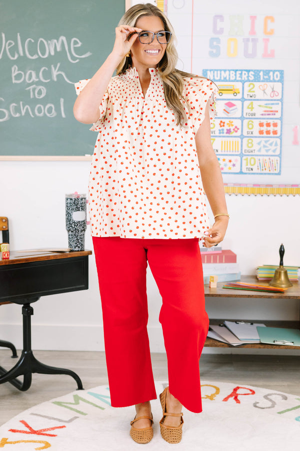 Plus Size red high rise crop wide leg jeans with a frayed hemline.