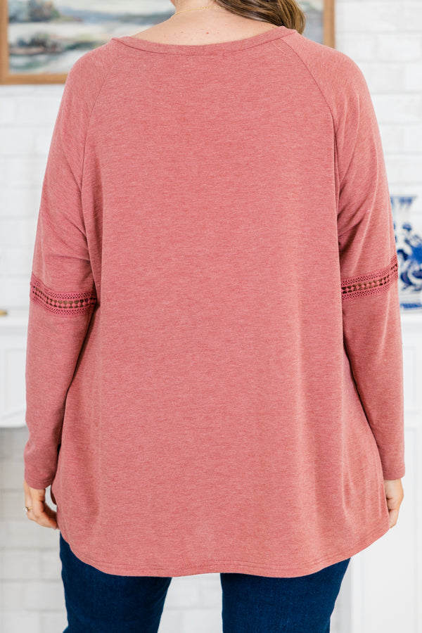 Chic Soul plus size clothing, long-sleeve marsala red top with scoop-neckline and lace strip detailing along sleeves and neckline