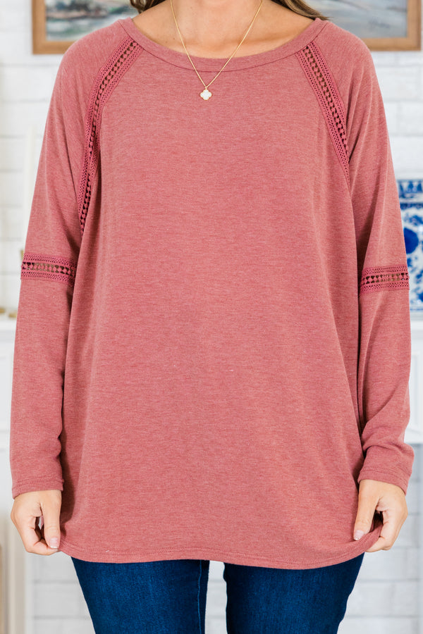 Chic Soul plus size clothing, long-sleeve marsala red top with scoop-neckline and lace strip detailing along sleeves and neckline