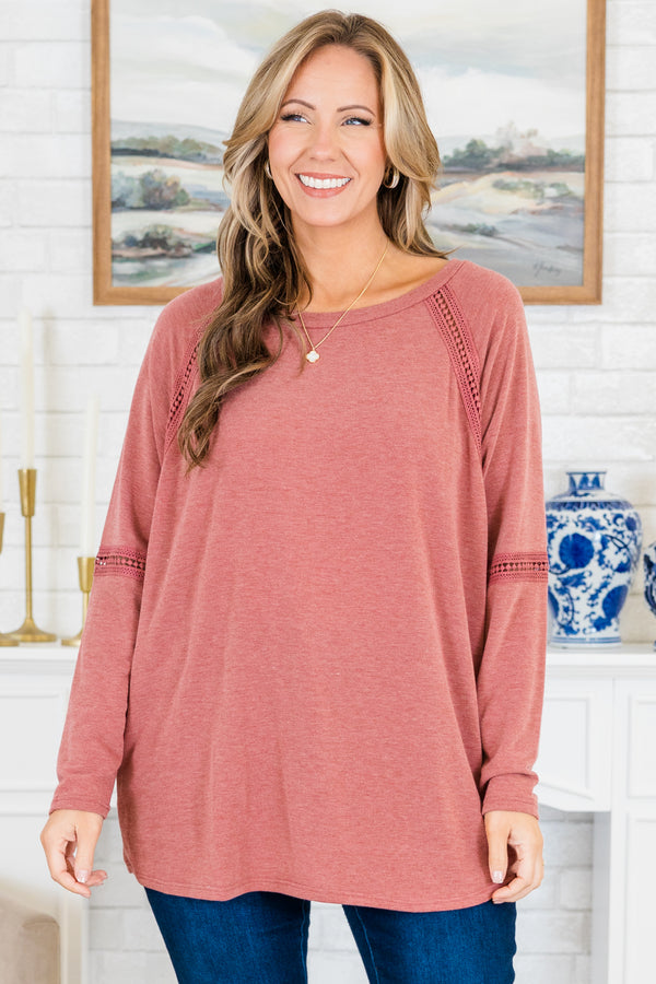 Chic Soul plus size clothing, long-sleeve marsala red top with scoop-neckline and lace strip detailing along sleeves and neckline