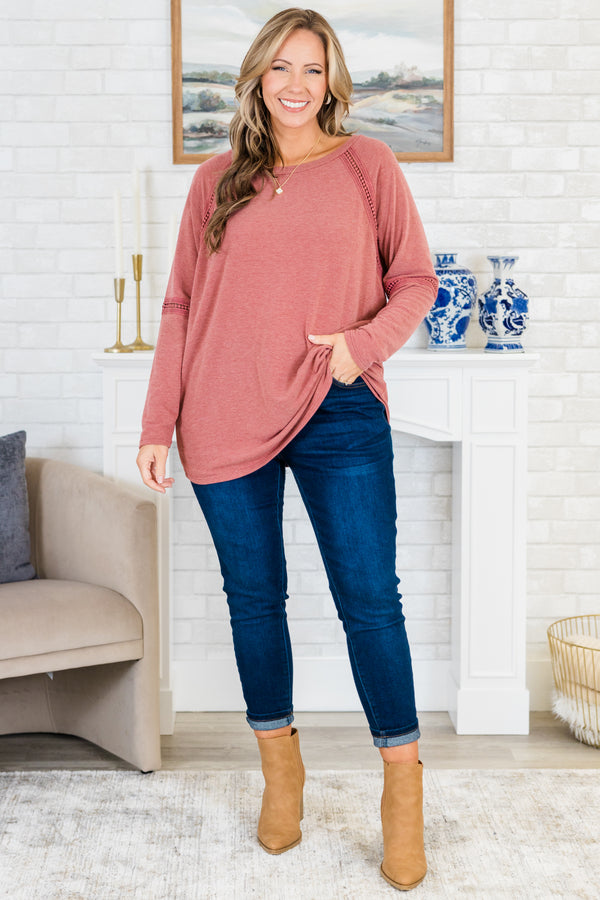 Chic Soul plus size clothing, long-sleeve marsala red top with scoop-neckline and lace strip detailing along sleeves and neckline