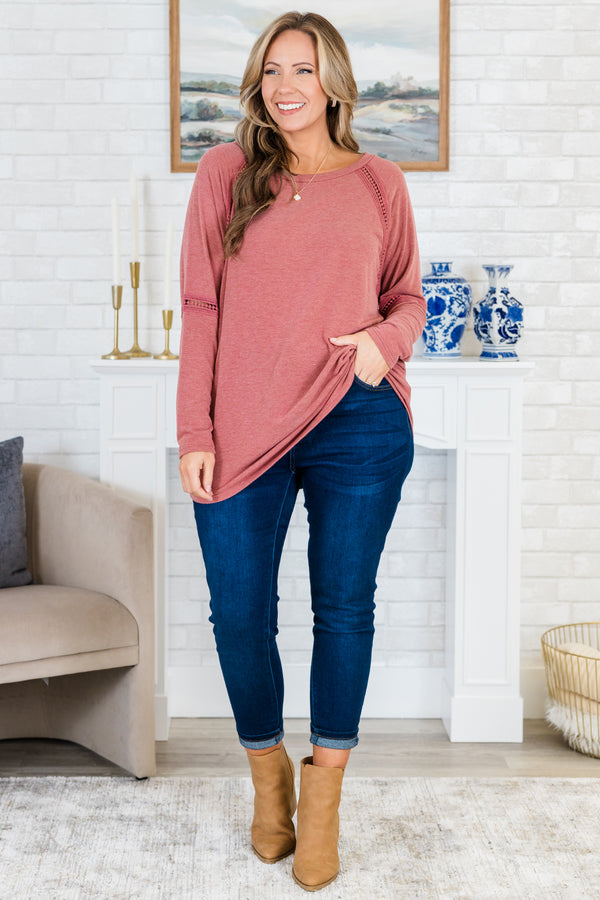 Chic Soul plus size clothing, long-sleeve marsala red top with scoop-neckline and lace strip detailing along sleeves and neckline