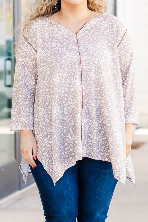 Chic Soul plus size clothing, mocha spotted flowy tunic with a v neck and exposed seamlines
