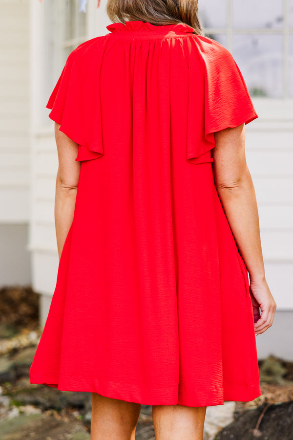 Chic Soul plus size clothing, red flowy short sleeve mini dress with flowy sleeves and v neckline with collar detail