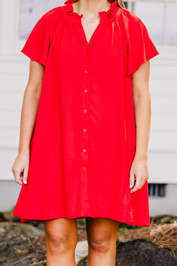 Chic Soul plus size clothing, red flowy short sleeve mini dress with flowy sleeves and v neckline with collar detail