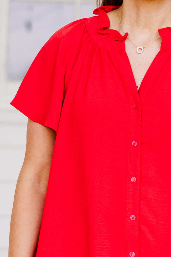 Chic Soul plus size clothing, red flowy short sleeve mini dress with flowy sleeves and v neckline with collar detail