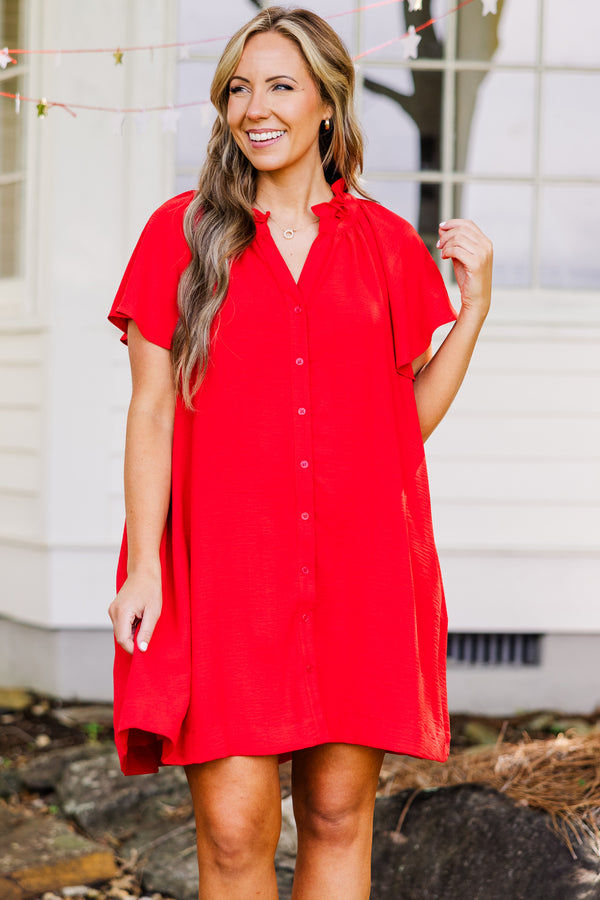 Chic Soul plus size clothing, red flowy short sleeve mini dress with flowy sleeves and v neckline with collar detail