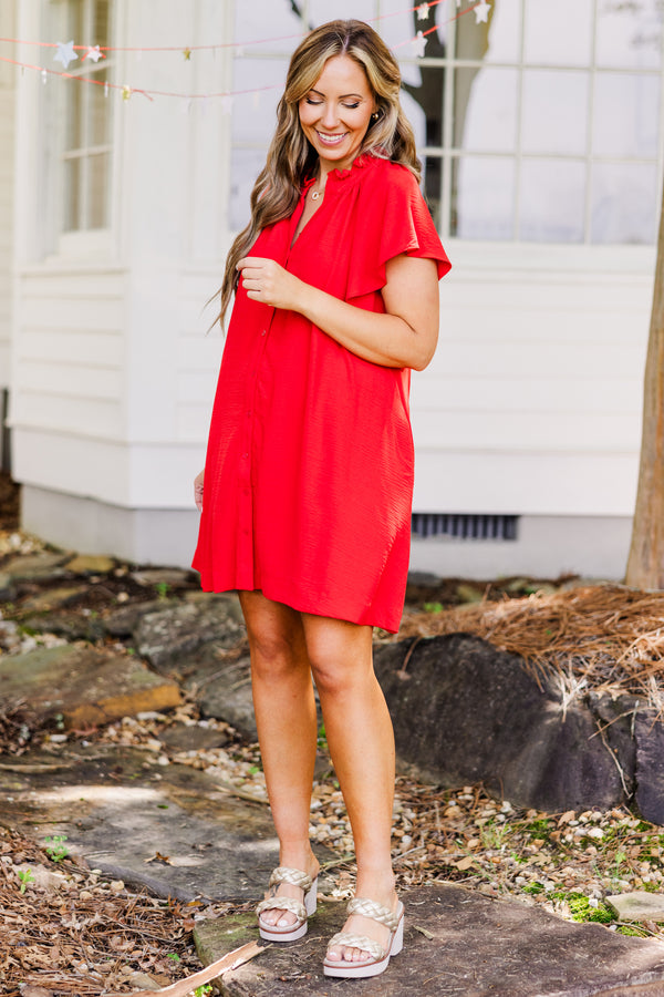 Chic Soul plus size clothing, red flowy short sleeve mini dress with flowy sleeves and v neckline with collar detail