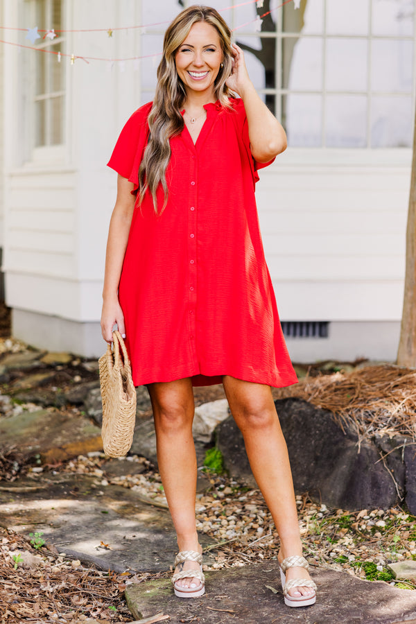 Chic Soul plus size clothing, red flowy short sleeve mini dress with flowy sleeves and v neckline with collar detail