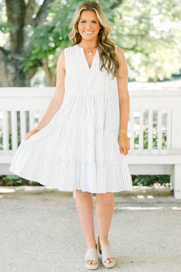 Chic Soul plus size clothing, off white sleeveless tiered mini dress with v neckline with black pin stripe detail