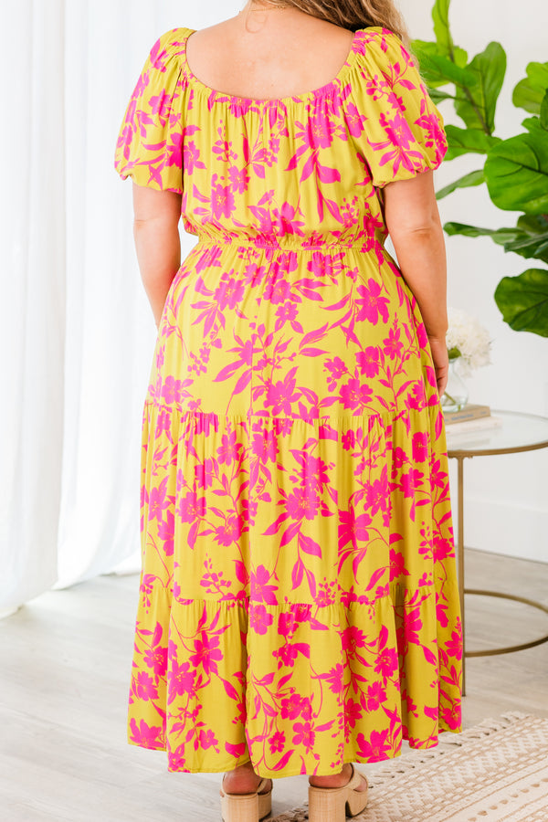 Chic Soul plus size clothing, pistachio with pink floral printed maxi dress with puff sleeve and round neckline with synch waist detail