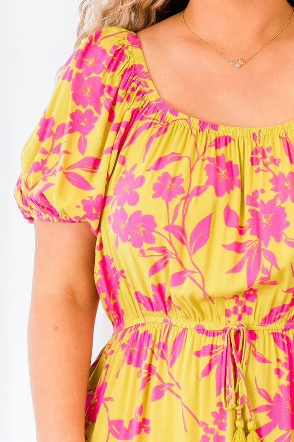 Chic Soul plus size clothing, pistachio with pink floral printed maxi dress with puff sleeve and round neckline with synch waist detail
