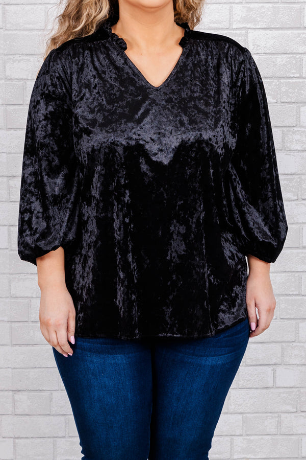 Chic Soul plus size clothing, Black velvet top with three-quarter length sleeves with cuff and v neck