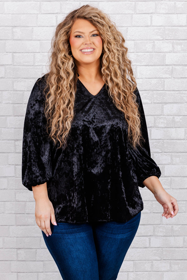 Chic Soul plus size clothing, Black velvet top with three-quarter length sleeves with cuff and v neck